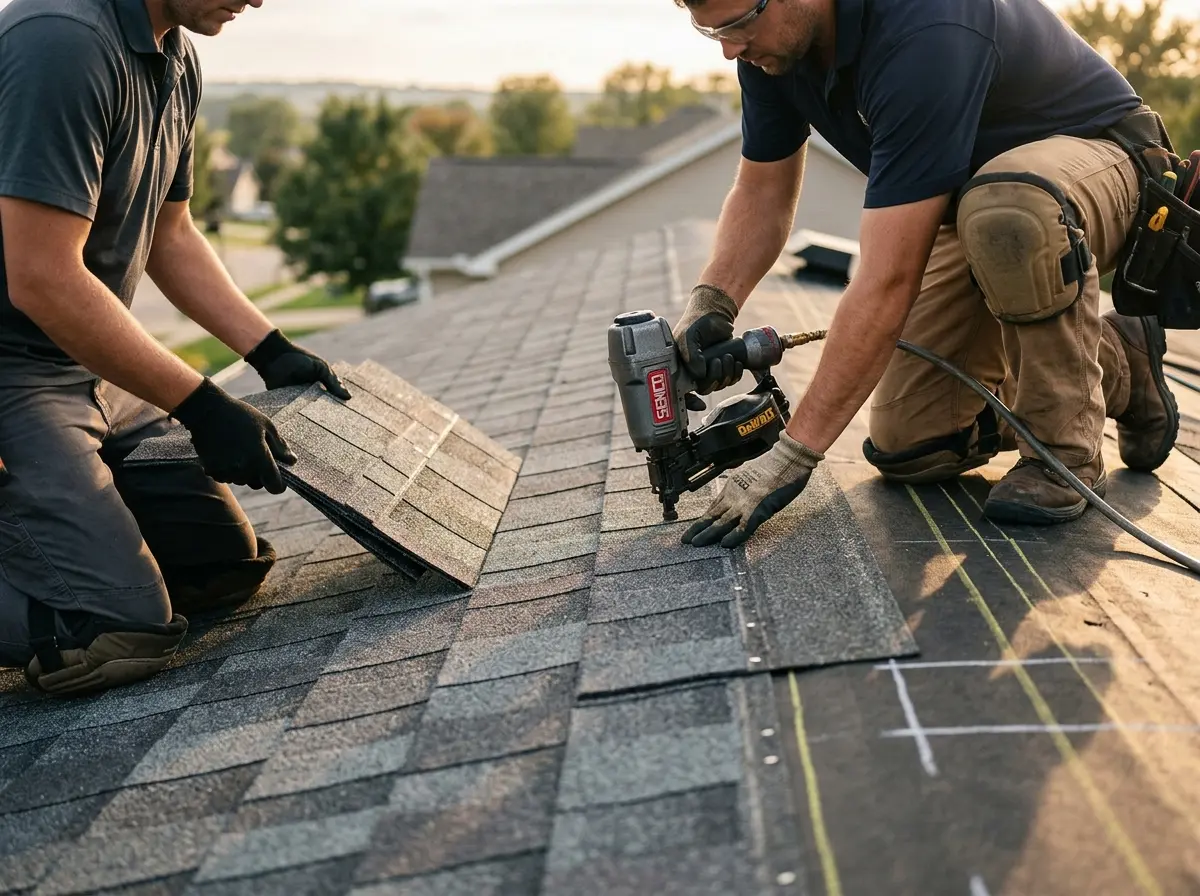 Professional roofer working on a residential roof in Kingsbury
